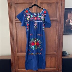 Embroidered Blue Dress, Mexican Folk Dress, sz 12-14